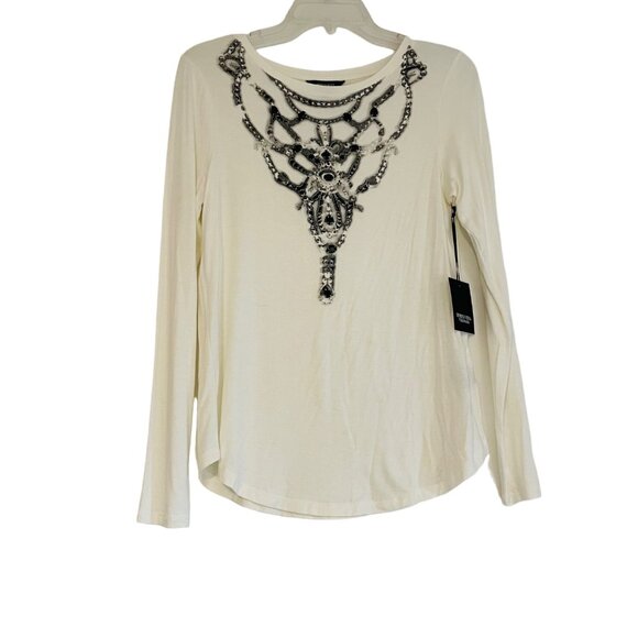 Simply Vera Vera Wang Long Sleeve Top XS White Beaded Design Rayon Spandex - Picture 2 of 11